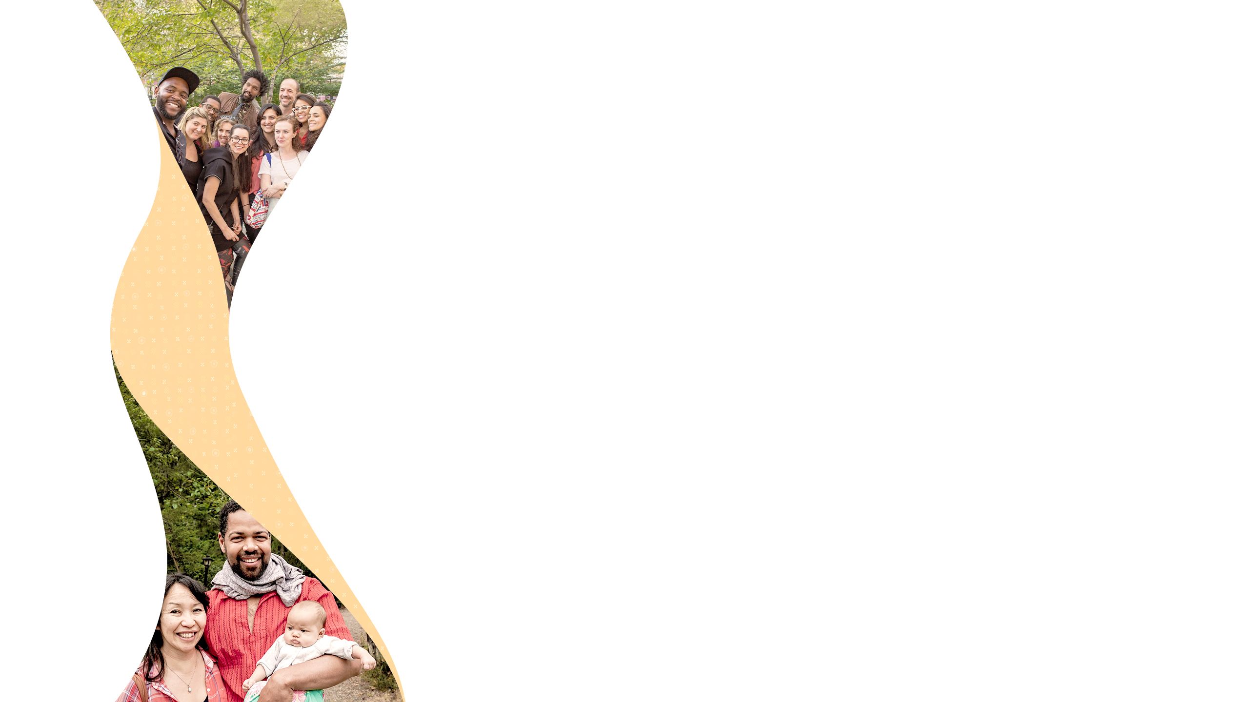 Draped banner containing images of a group of friends and a multicultural family, representing connection, diversity, and shared experiences across different backgrounds.