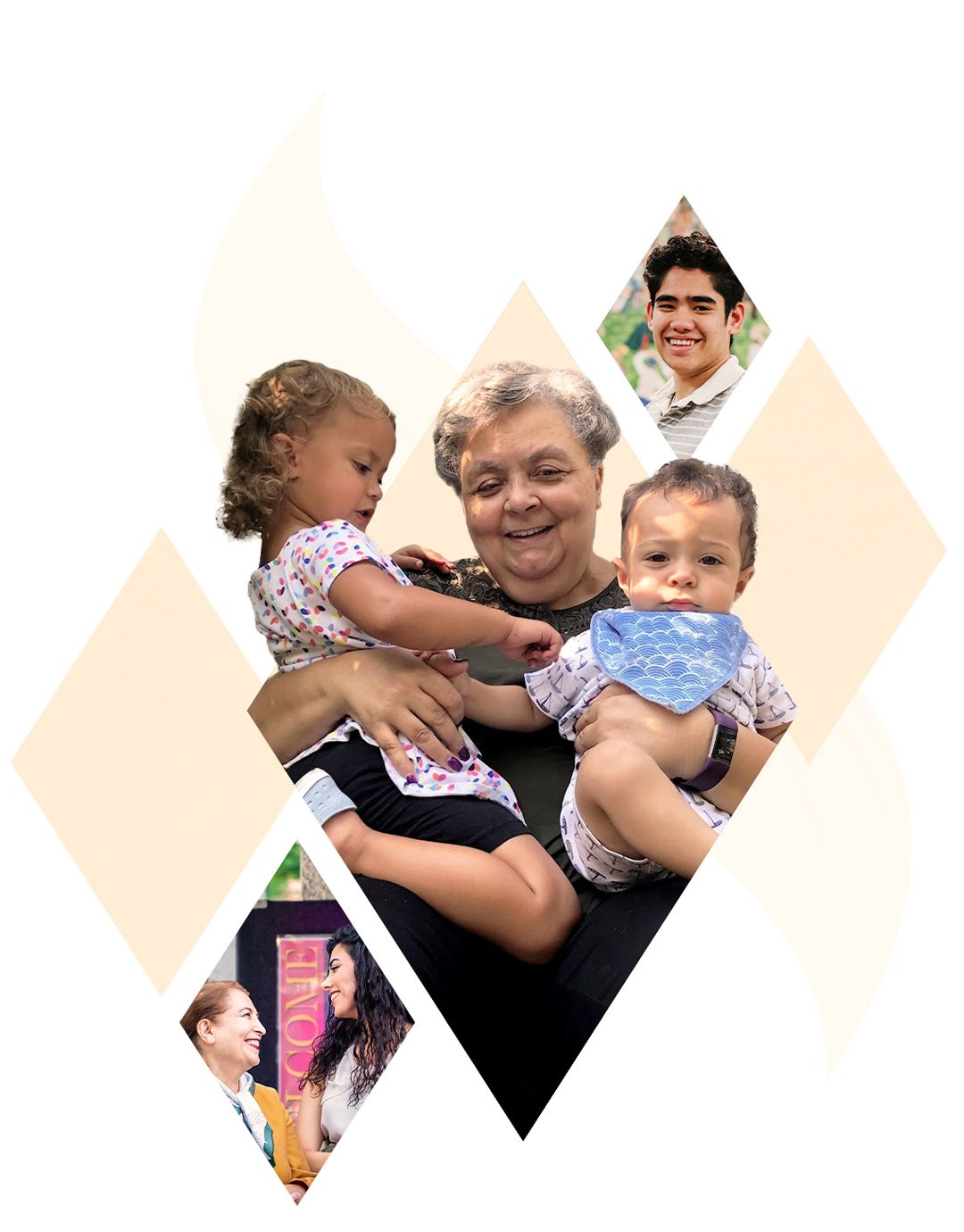 Image of a youth and an older woman in conversation showing intergenerational connection and youth capacity to contribute to positive change, alongside a young boy representing the role of youth in shaping community life.