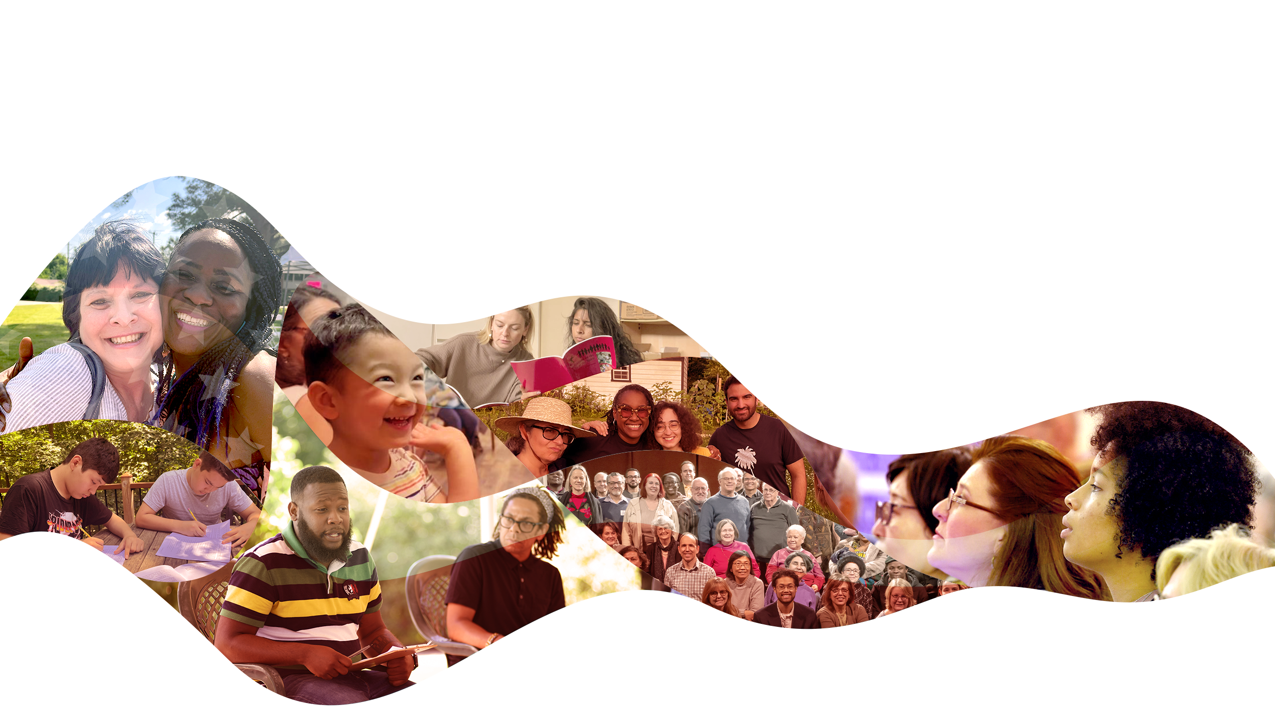 American flag with images of diverse people of different ages, cultures, and backgrounds, representing unity and hope, illustrating the opening line: “To all who hold the promise of America in their hearts.”
