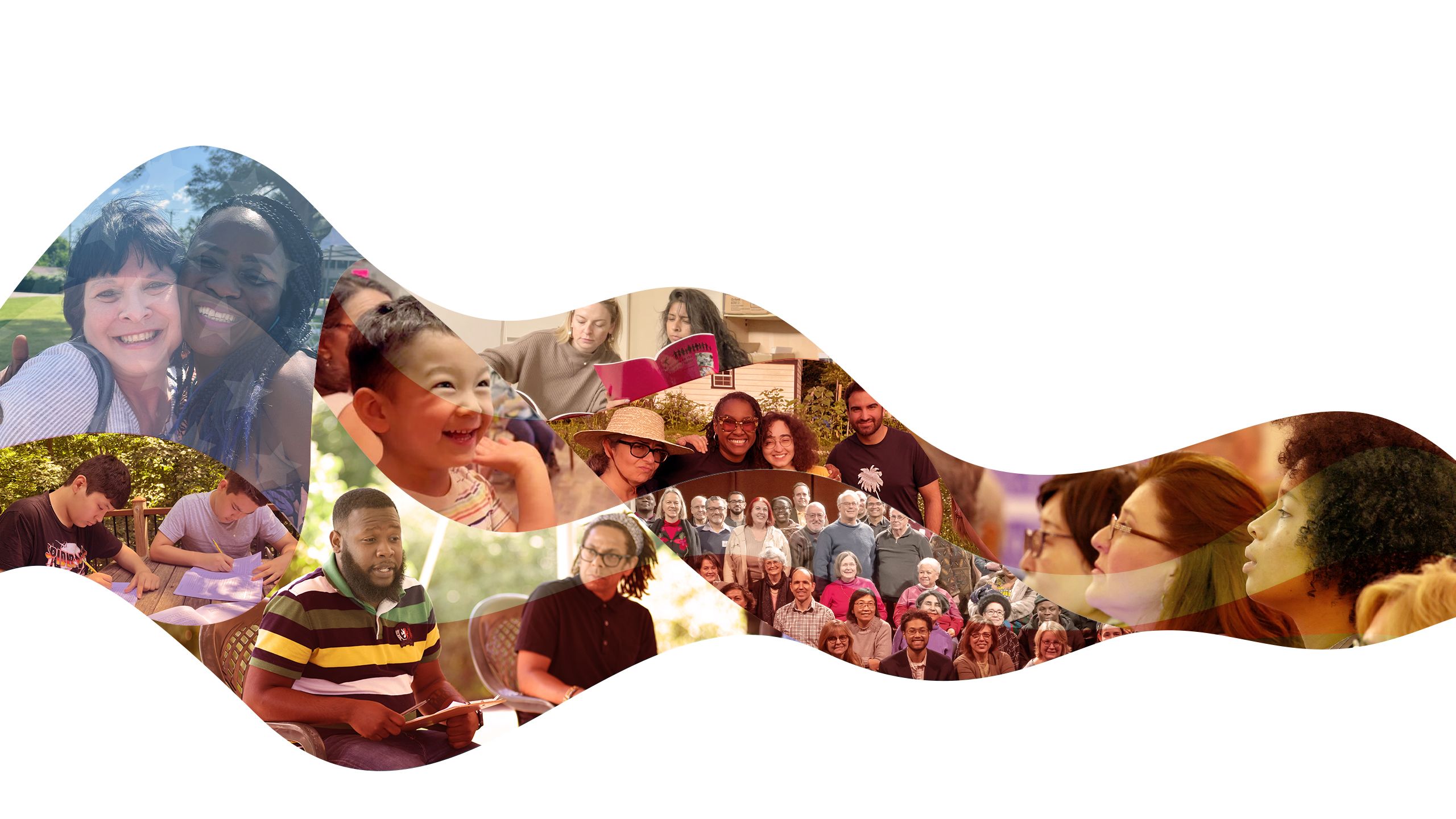 American flag with images of diverse people of different ages, cultures, and backgrounds, representing unity and hope, illustrating the opening line: “To all who hold the promise of America in their hearts.”